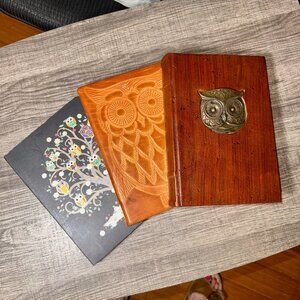 🦉 Owl Journal Set of 3 – Leather, Brass, Gilt Covers – 6”x8.5”